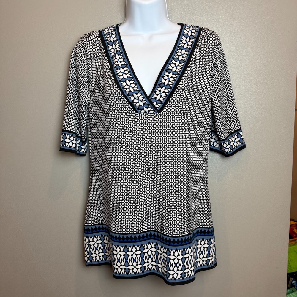 Max Studio Geometric Print V-Neck Tunic Top Blue Black White Size Small